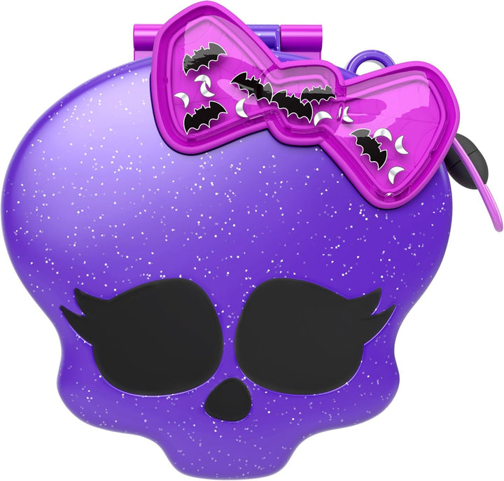 Polly Pocket Monster High Spielset mit 3 kleinen Puppen und 10 Zubehörteilen, Schulwelt im Inneren,