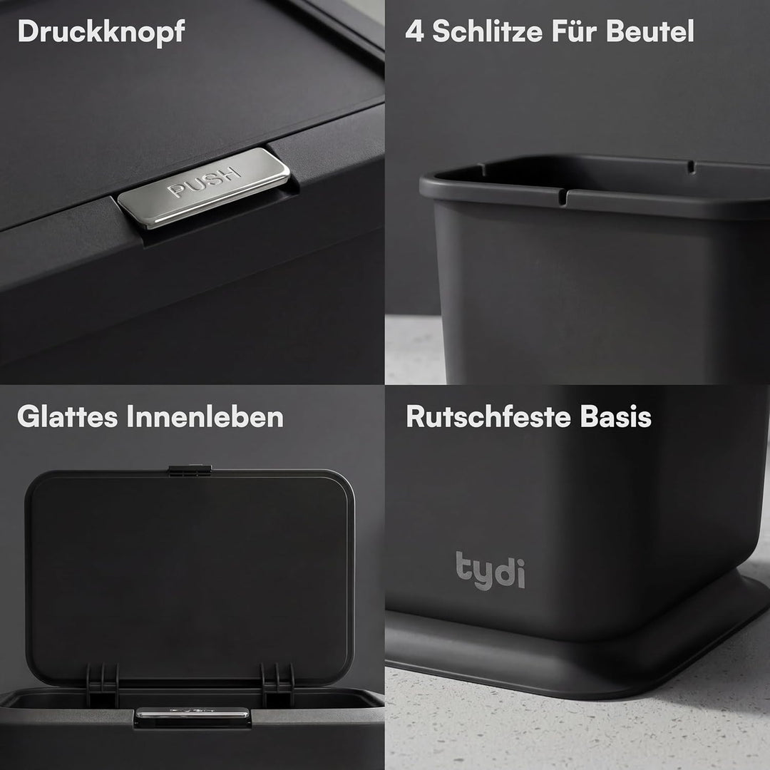 Tydi 4,5L Küchen-Biomüllbehälter mit Druckknopfdeckel - Komposteimer für die Küche - Rutschfester Bo