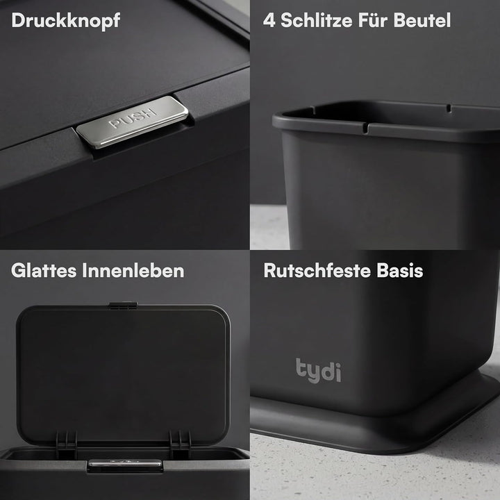 Tydi 4,5L Küchen-Biomüllbehälter mit Druckknopfdeckel - Komposteimer für die Küche - Rutschfester Bo