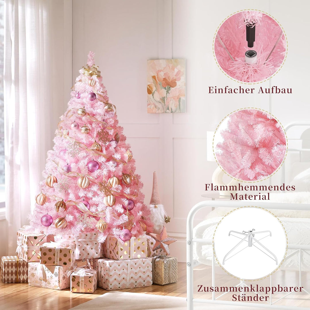 Yaheetech 154cm Künstlicher Weihnachtsbaum Rosa, Tannenbaum mit 398 Spitzen & Faltbarem Metallstände
