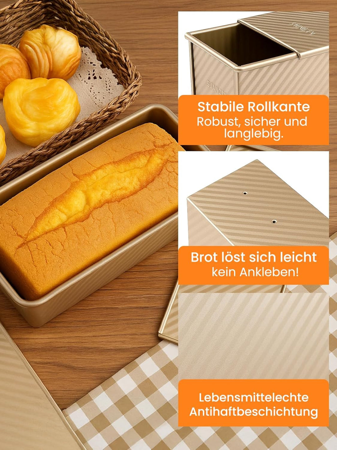 Premium Brotbackform mit Deckel 34,5×13,5×12cm Extra Hohe Toastbrot Backform, Antihaft-Beschichtung,
