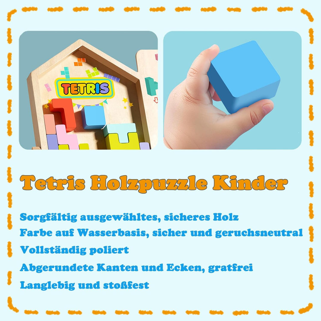 Montessori Tetris Holzspiel, Holz Tetris Stapelpuzzle mit Halterung, Eltern Kind Interaktives Holzpu