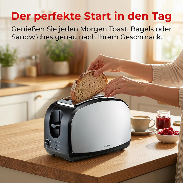 Trisa Toaster 2 Scheiben - 8 Bräunungsstufen, Edelstahlgehäuse, 600W Schnellaufheizen，Toaster mit Br