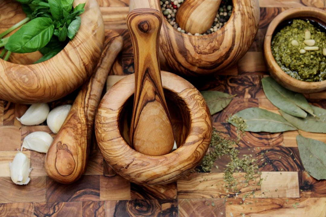 DAGDEG Mörser &amp; Stössel rund aus Olivenholz, Holzmörser,Kräuter-Gewürz-Mörser aus Holz, Kräutermühle