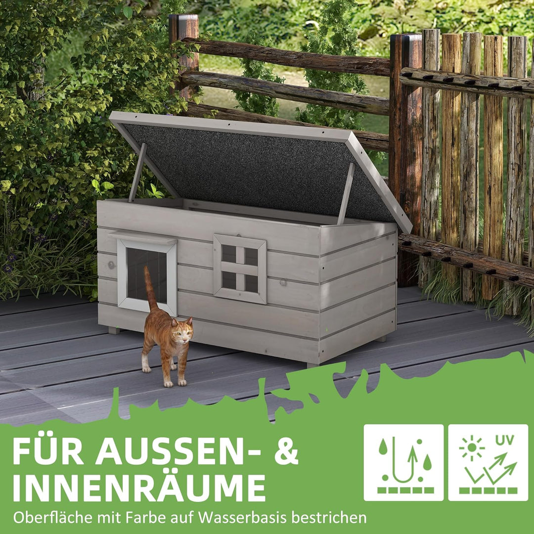 PawHut Katzenhaus aus Holz wasserdicht Katzenhütte mit Asphaltdach klappbarem Deckel Fenster Winterf