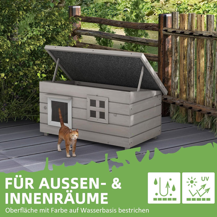 PawHut Katzenhaus aus Holz wasserdicht Katzenhütte mit Asphaltdach klappbarem Deckel Fenster Winterf