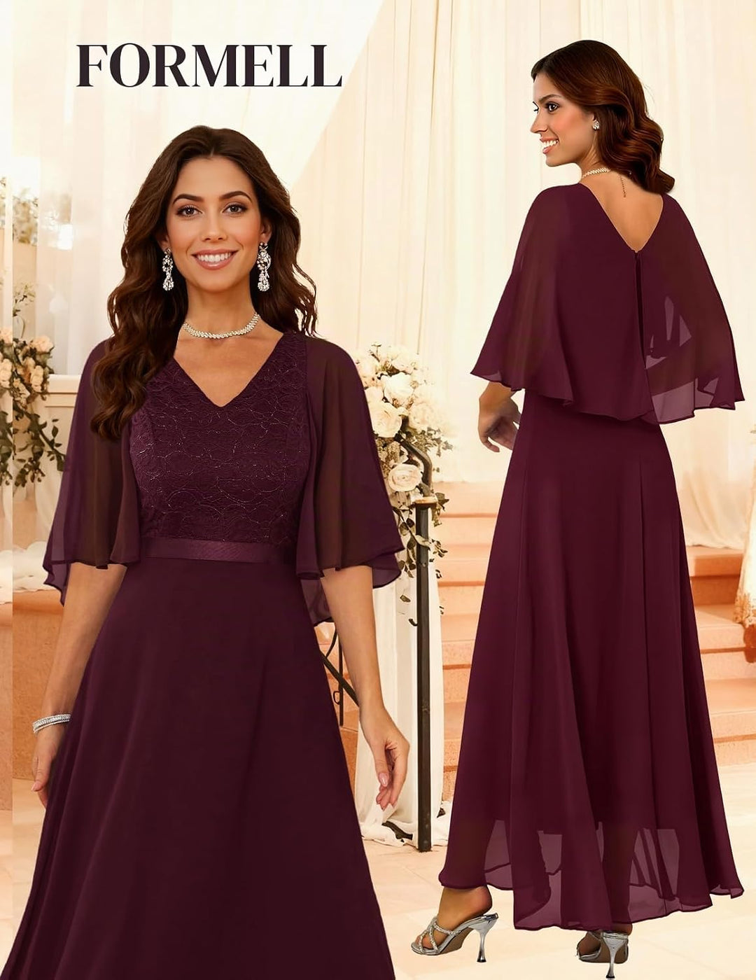 DRESSTELLS Abendkleid Damen Festlich Spitzenkleid für Hochzeit Chiffon Cape Ärmel Ballkleid Elegant
