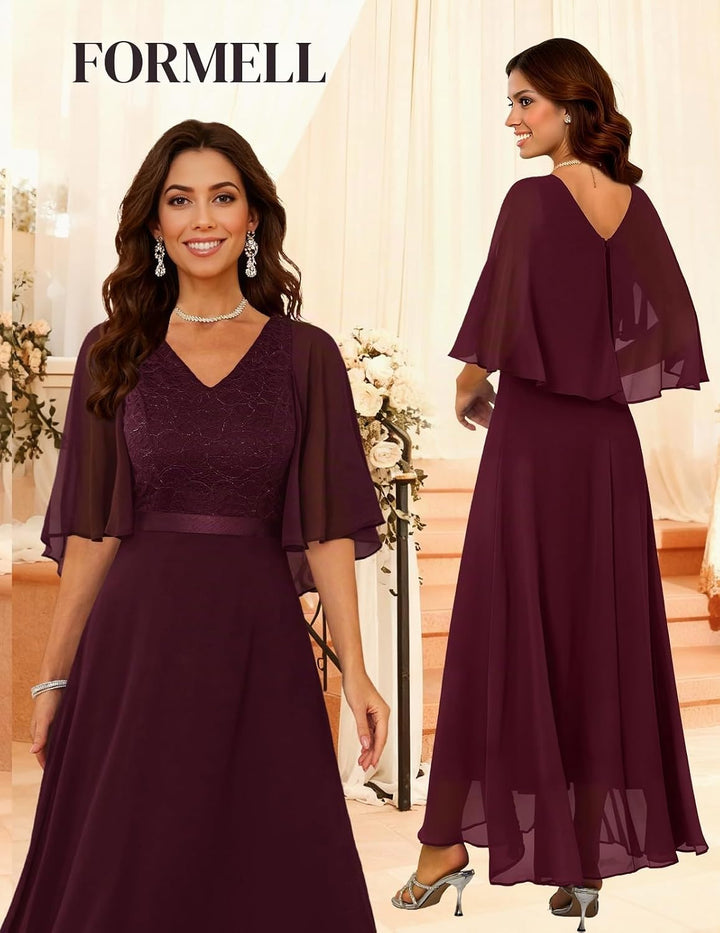 DRESSTELLS Abendkleid Damen Festlich Spitzenkleid für Hochzeit Chiffon Cape Ärmel Ballkleid Elegant