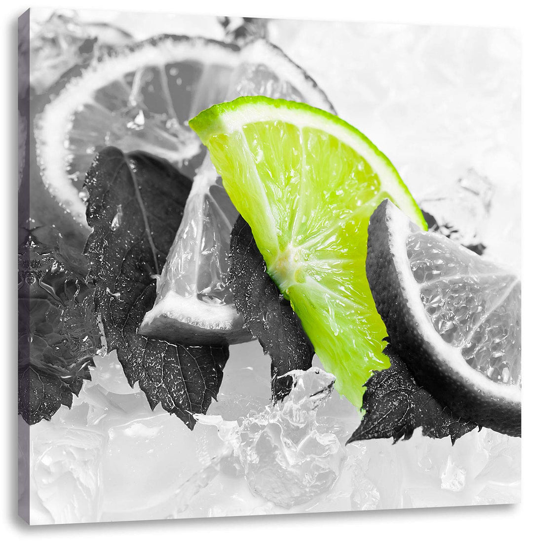 Pixxprint Minze mit Limetten im EIS als Leinwandbild/Grösse: 70x70 cm/Wandbild/Kunstdruck/fertig bes