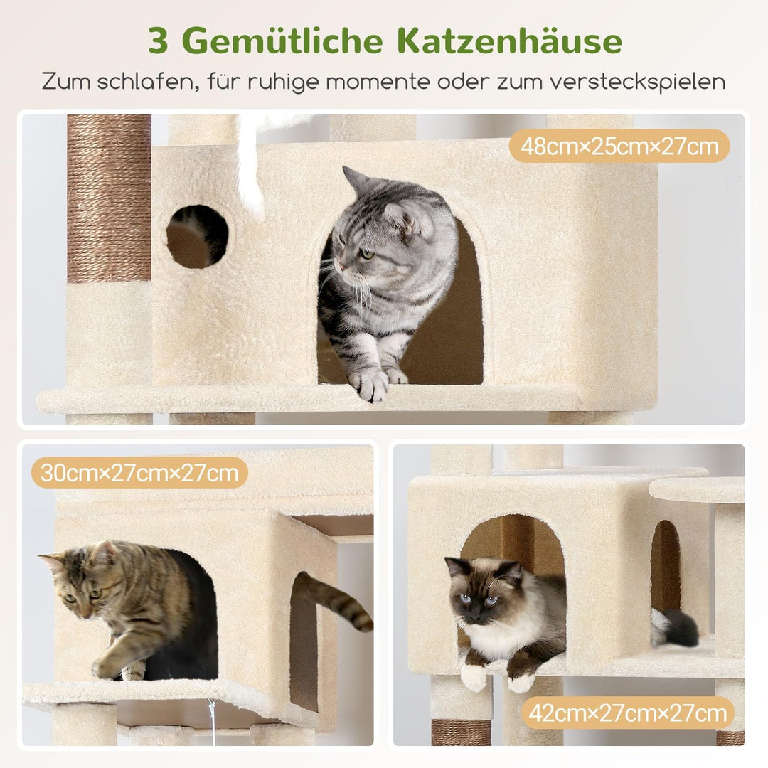 Globlazer Kratzbaum Beige Stabil Passform Ecke hoch 168 cm mit 3 Katzenhäus, Grosse Gepolsterte Plat