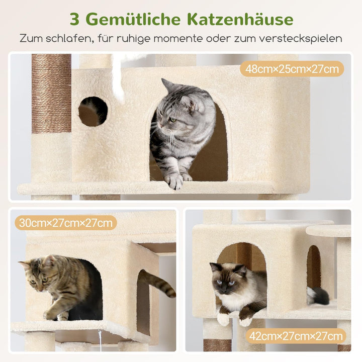 Globlazer Kratzbaum Beige Stabil Passform Ecke hoch 168 cm mit 3 Katzenhäus, Grosse Gepolsterte Plat