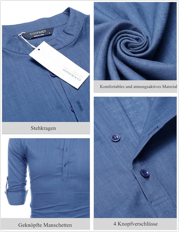COOFANDY Herren Hemd Langarm Henley Shirt Leinenhemd Baumwolle Casual Regular Fit Sommerhemd A-denim