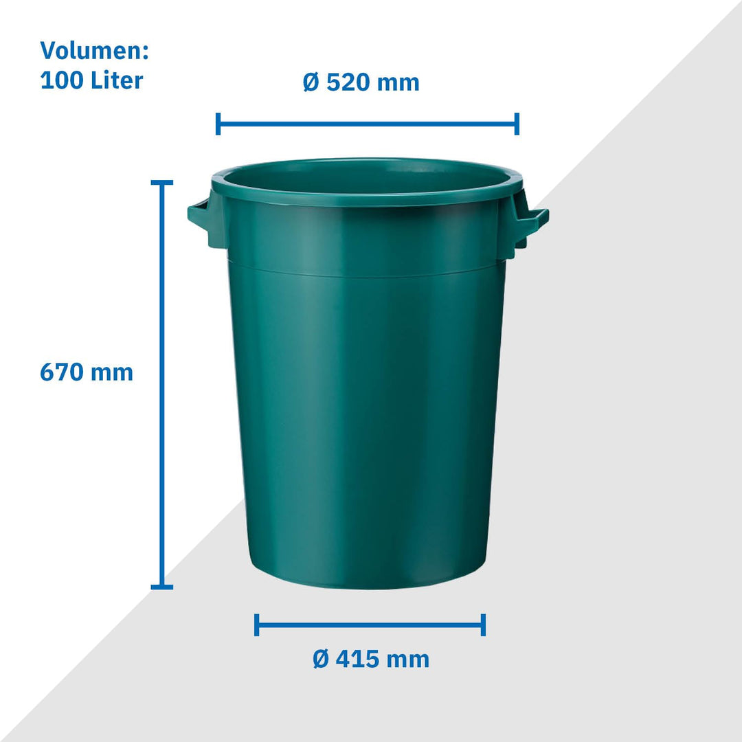 100 Liter Kunststofftonne mit Griffen + Deckel, stapelbar, stabiler Eimer, Plastiktonne, Rundbehälte