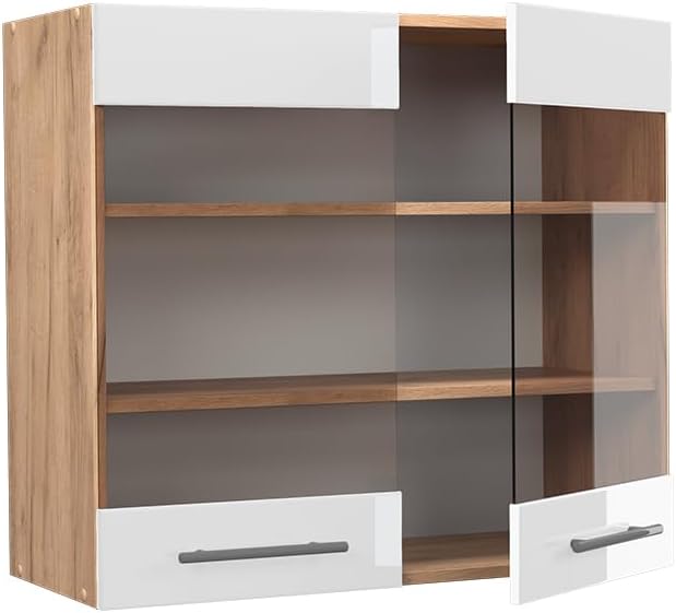 Vicco Küchenschrank Glas Fame-Line, Weiss Hochglanz/Goldkraft Eiche, 80 cm Hängeglasschrank 80 cm We