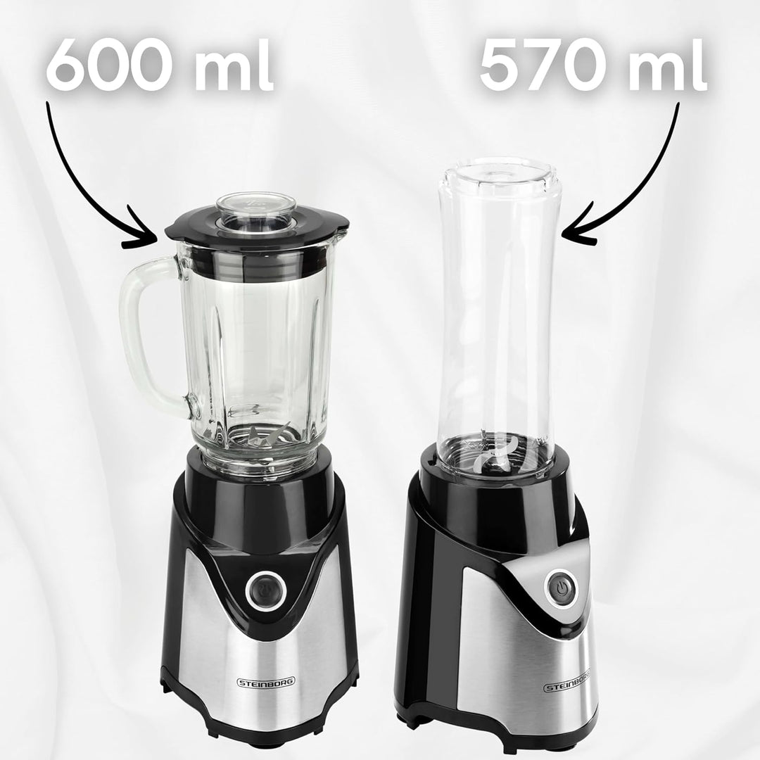 Steinborg Standmixer mit To-Go Becher | Smoothie Maker Mixer | 600 ml Glaskrug + 570 ml To-Go Becher