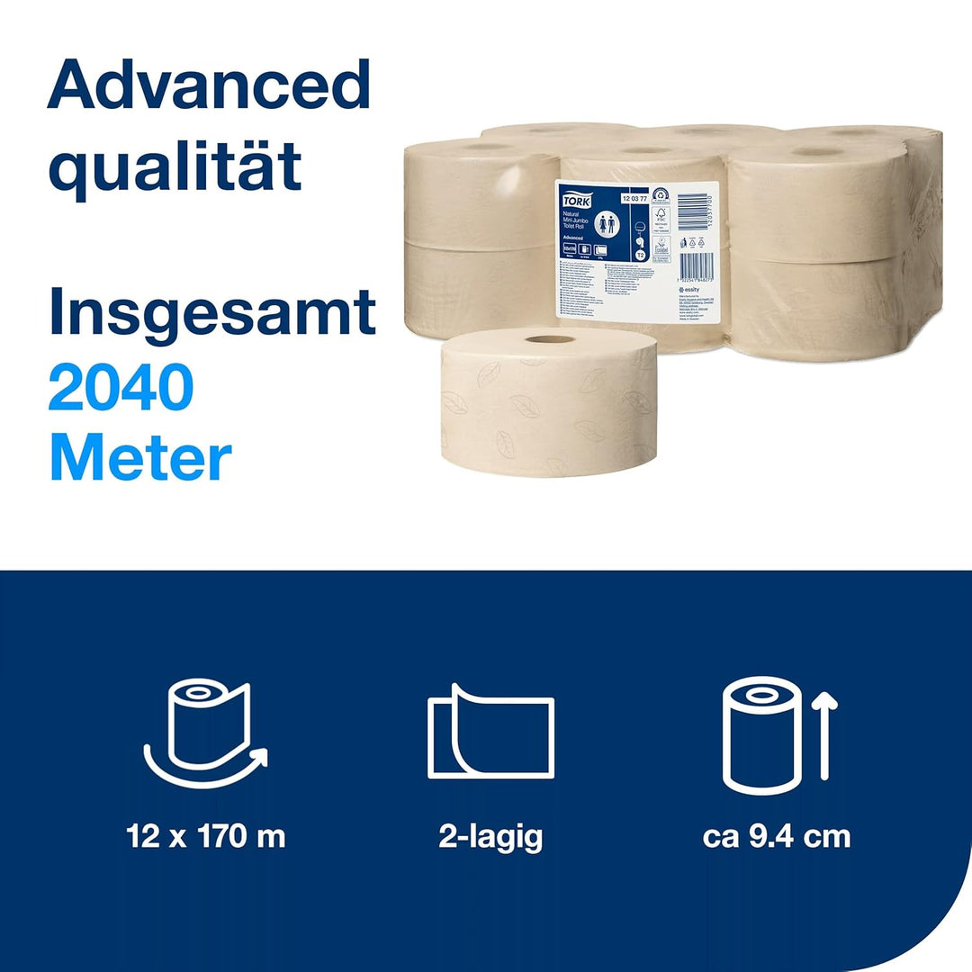 Tork Mini Jumbo Toilettenpapier Natur T2, Advanced-Qualität, 2-lagig, 12 × 170 m, 120377