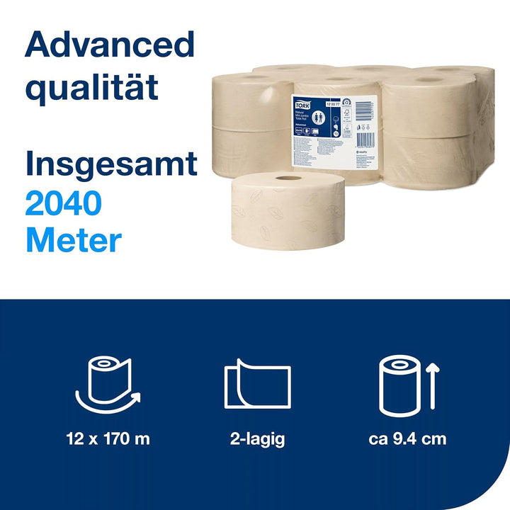 Tork Mini Jumbo Toilettenpapier Natur T2, Advanced-Qualität, 2-lagig, 12 × 170 m, 120377