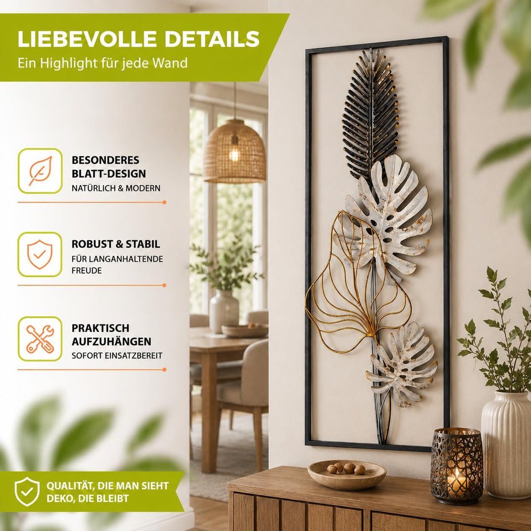 Kobolo Wandbild Monstera, 29x74x3 cm, Metall, schwarz-gold-weiss, modernes Metallbild, stilvolle Wan