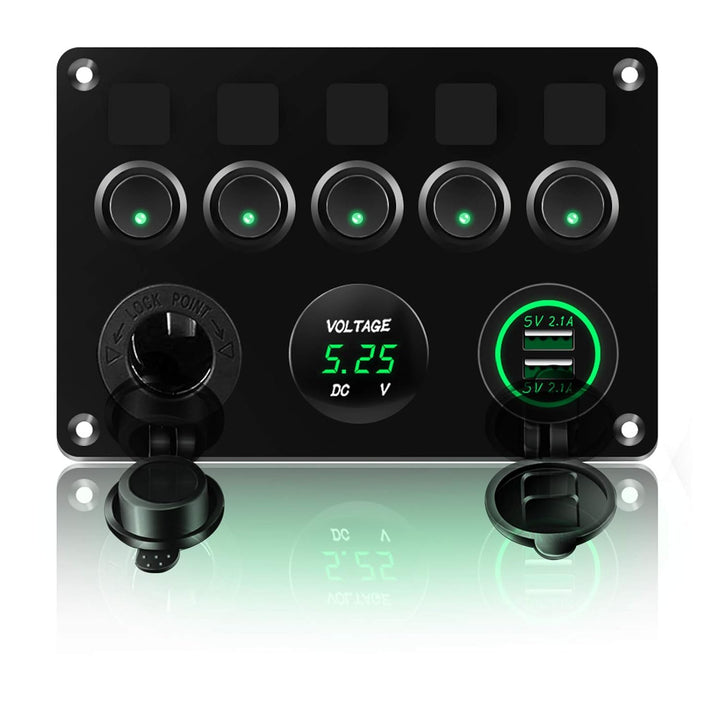 KAOLALI Schaltpanel 12V/24V Kippschalter 5 Gang IP65 Wasserdicht + 4.2A Dual USB Ladegerät + Zigaret