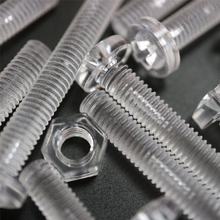 60er-Paket durchsichtige, klare M5 x 40mm Bolzen & Muttern, Unterlegscheiben - Schrauben aus Plastik