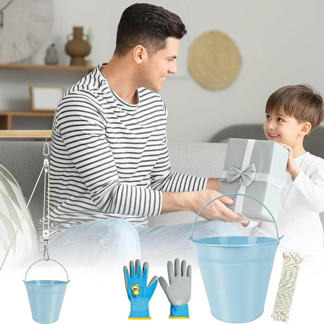 TZEKING Flaschenzug Kinder,Flaschenzug mit 2 Metalleimer,Riemenscheibe mit Eimerkabel,Zubehör fürs B