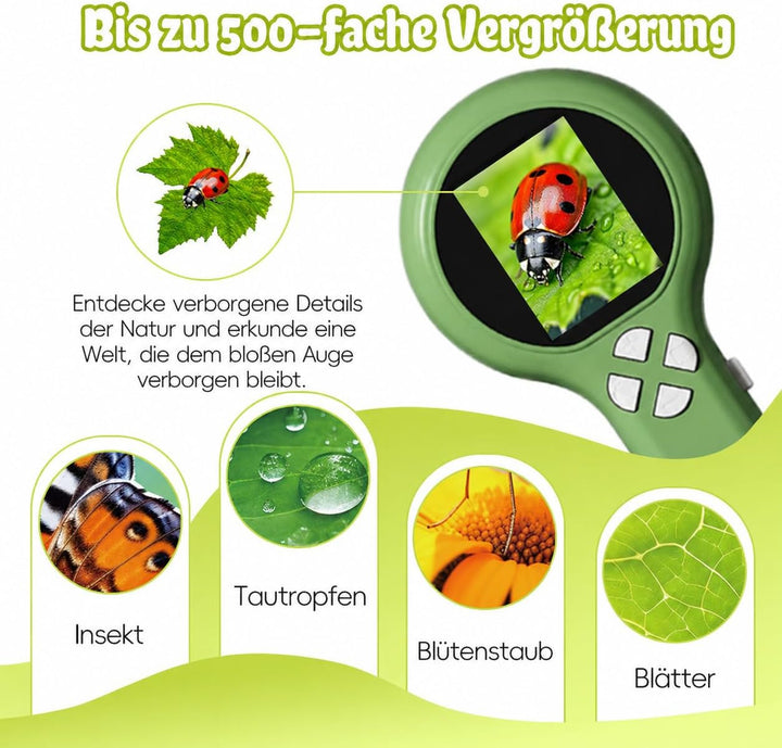 2-in-1 Mikroskop für Kinder mit Endoskop-Kabel, digitales Taschenmikroskop bis 500x Vergrösserung, H