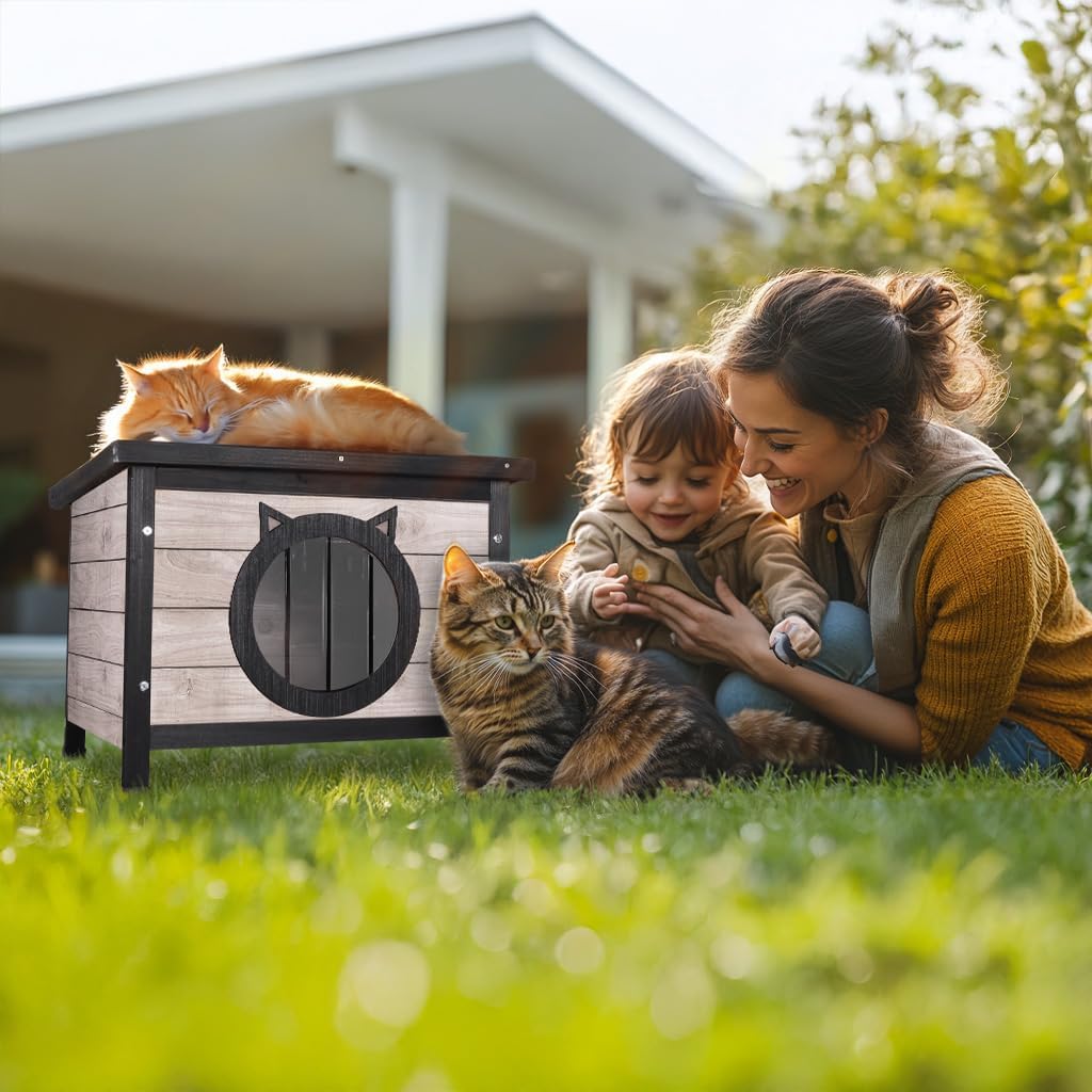 VOUNOT Katzenhaus aus Holz, Wetterfestes Katzen Haus mit Katzenohren-Design, Katzenhütte für drausse