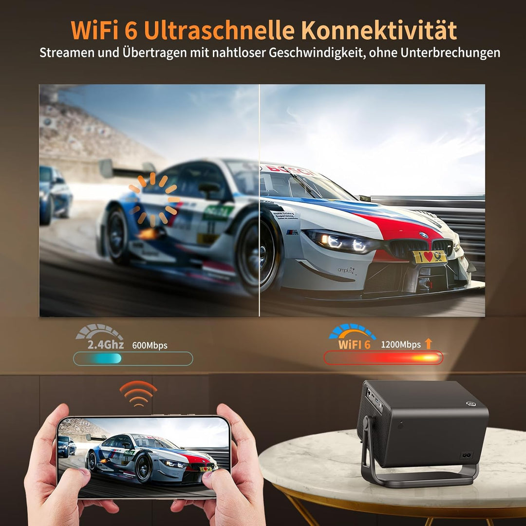 Heimkino Beamer, 4K Unterstützt, 1080P Full HD Beamer mit 28000 Lumen, WiFi 6 & Bluetooth 5.4, kompa