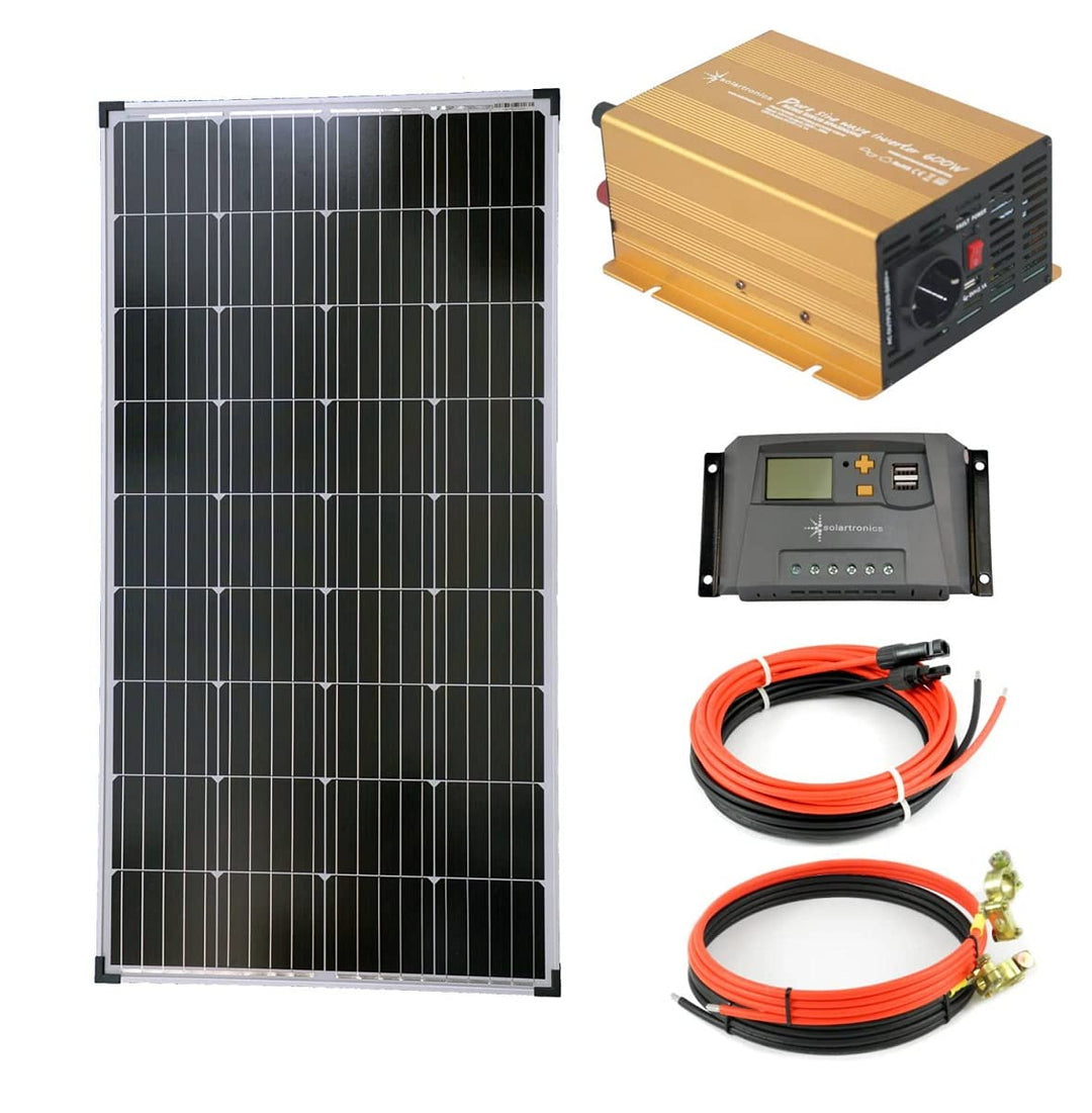 solartronics Komplettset 1x130 Watt Solarmodul 600 Watt NP600 reiner Sinus Gold Spannungswandler Lad