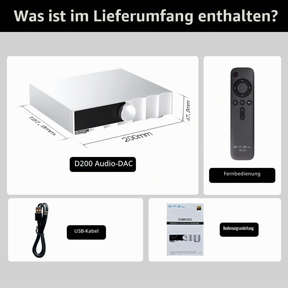 SMSL D200 Audio-Decoder, USB/Optisch/Koaxial/Bluetooth-Eingang, MQA/MQA – CD unterstützt, ROHM BD343