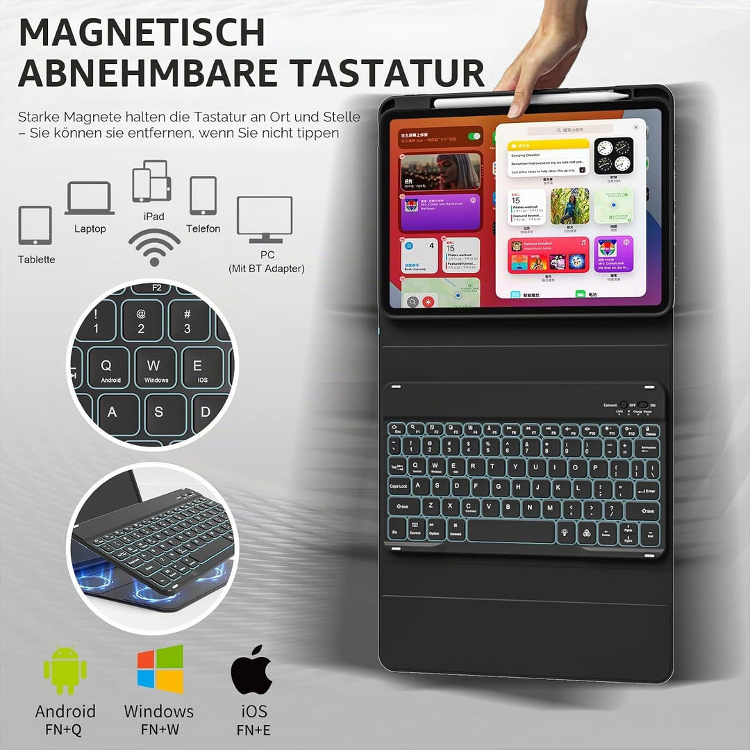 Hülle mit Tastatur für iPad 11 Generation A16/10 Generation (11/10.9 Zoll, 2025/2022), 7-farbige Bel