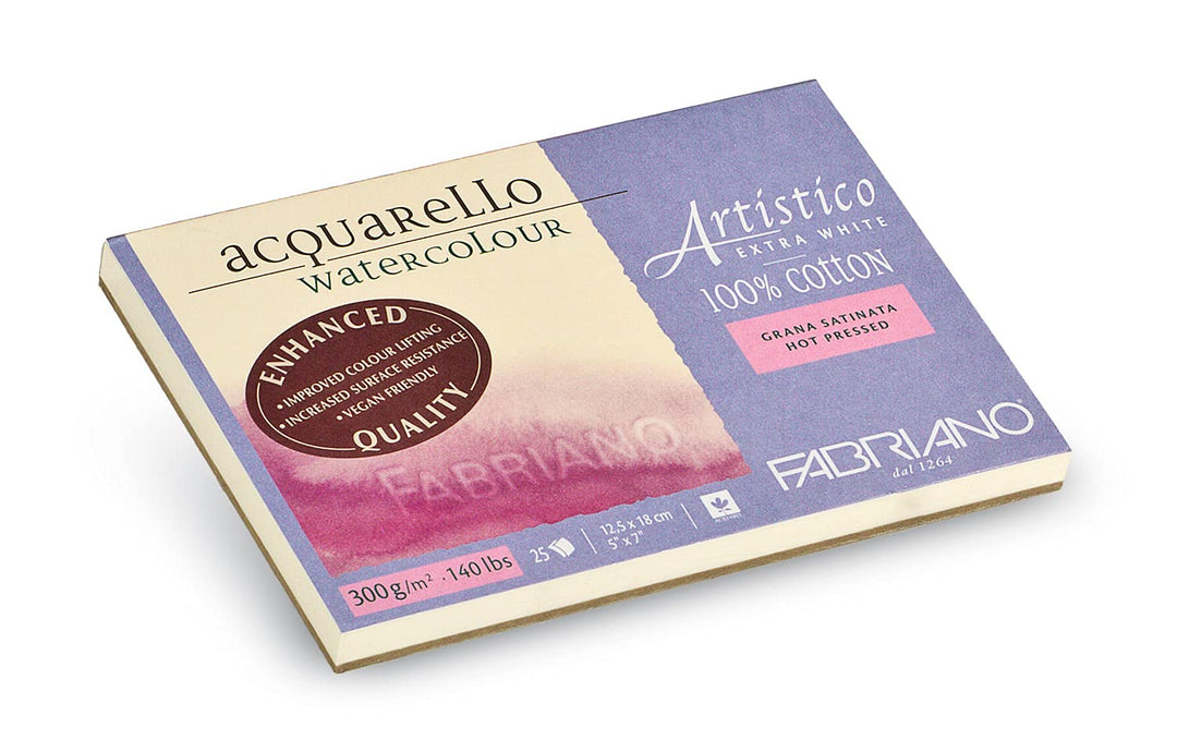Fabriano Artistico Acquarello Watercolour, extra weiss, satiniert hot pressed, 12,5 x 18 cm, 25 Blat