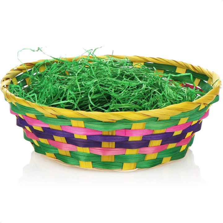 com-four® 4X Osterkörbchen mit Deko Gras und Eierfarben - Bunte Osterkörbe aus Bast mit grünem Gras