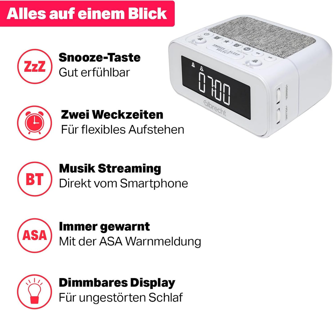 Albrecht DR451 DAB+/UKW Radiowecker, Dimmbar, Musik Streaming, ASA Warnfunktion (Weiss), Weiss