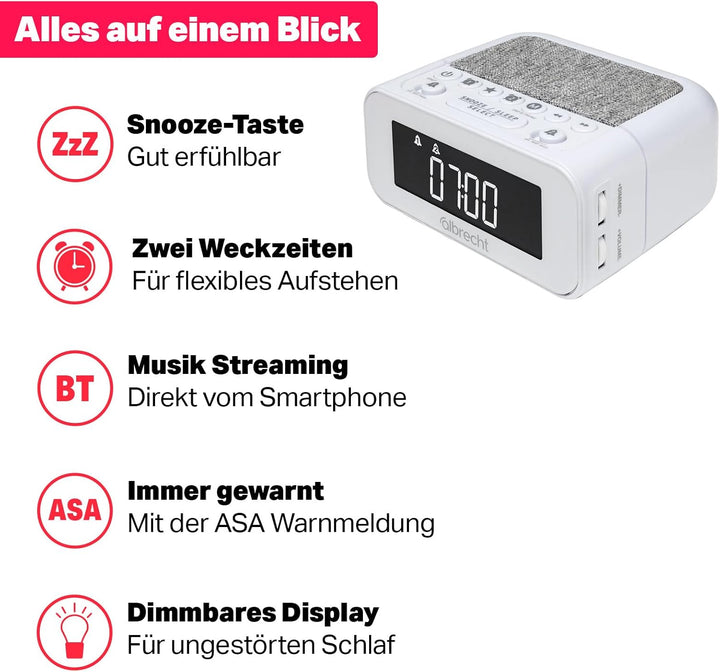 Albrecht DR451 DAB+/UKW Radiowecker, Dimmbar, Musik Streaming, ASA Warnfunktion (Weiss), Weiss