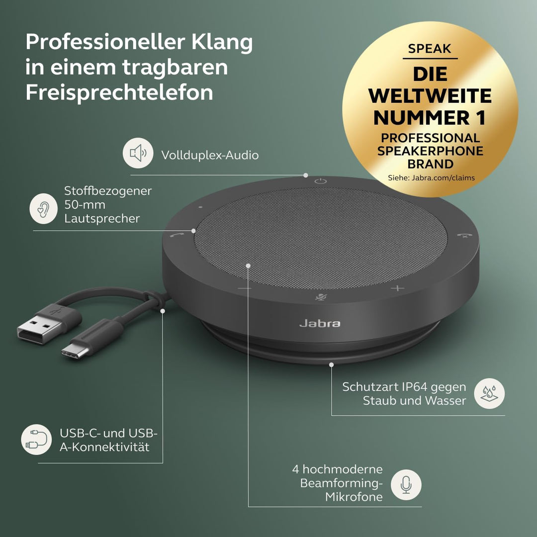 Jabra Speak2 40 tragbare Freisprechlösung, 4 Mikrofone mit Geräuschunterdrückung, 50 mm Breitband-La