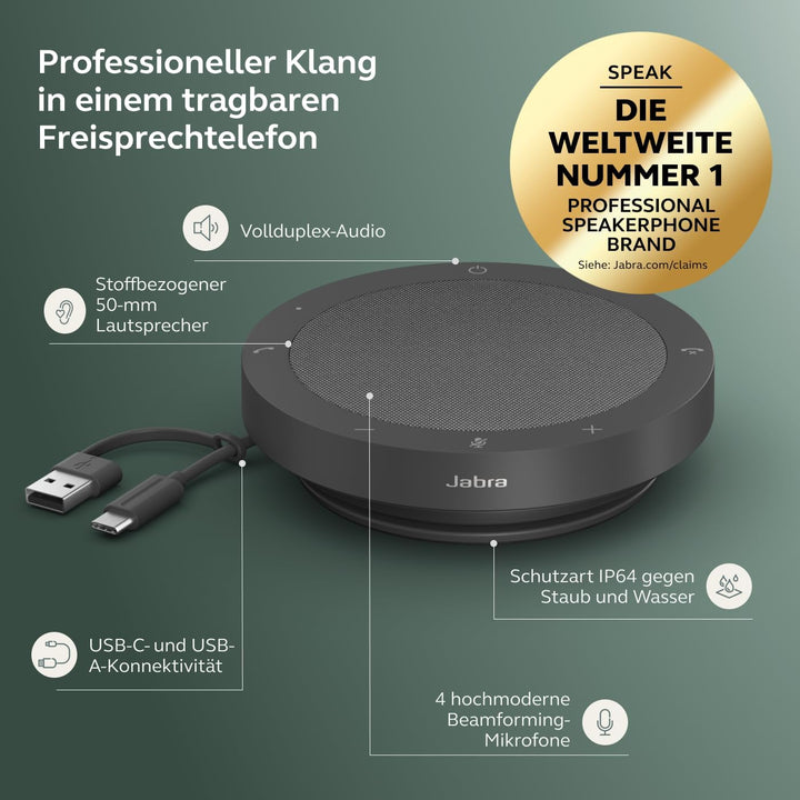 Jabra Speak2 40 tragbare Freisprechlösung, 4 Mikrofone mit Geräuschunterdrückung, 50 mm Breitband-La