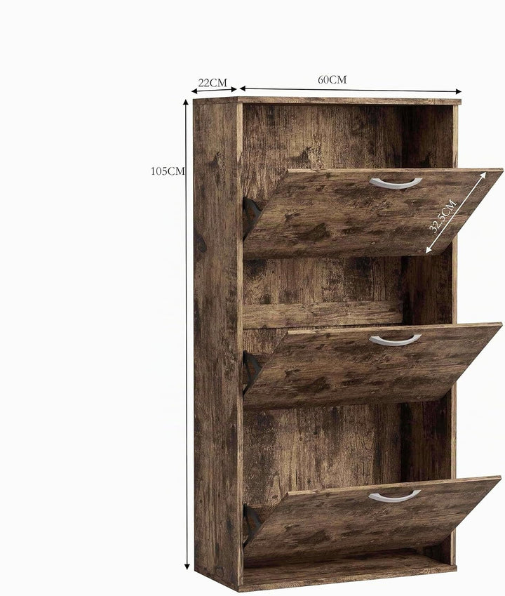Garvis Schuhschrank 3 Klappen (Einzelreihe) – EXTREM SCHMAL (22 cm Tiefe) – 60x105 cm – MDF Rustikal