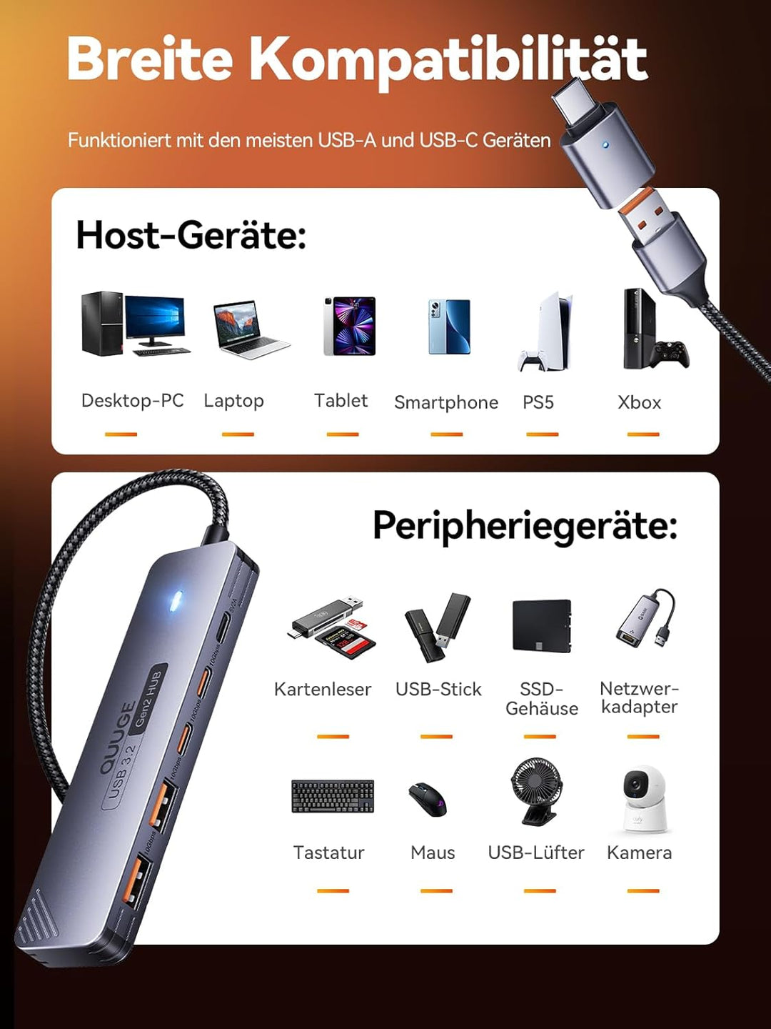 USB Hub 3.2 Gen2, QUUGE 5-in-1 USB Verteiler mit 2 USB-A & 2 USB-C 10Gbps, Multiport Splitter mit A-