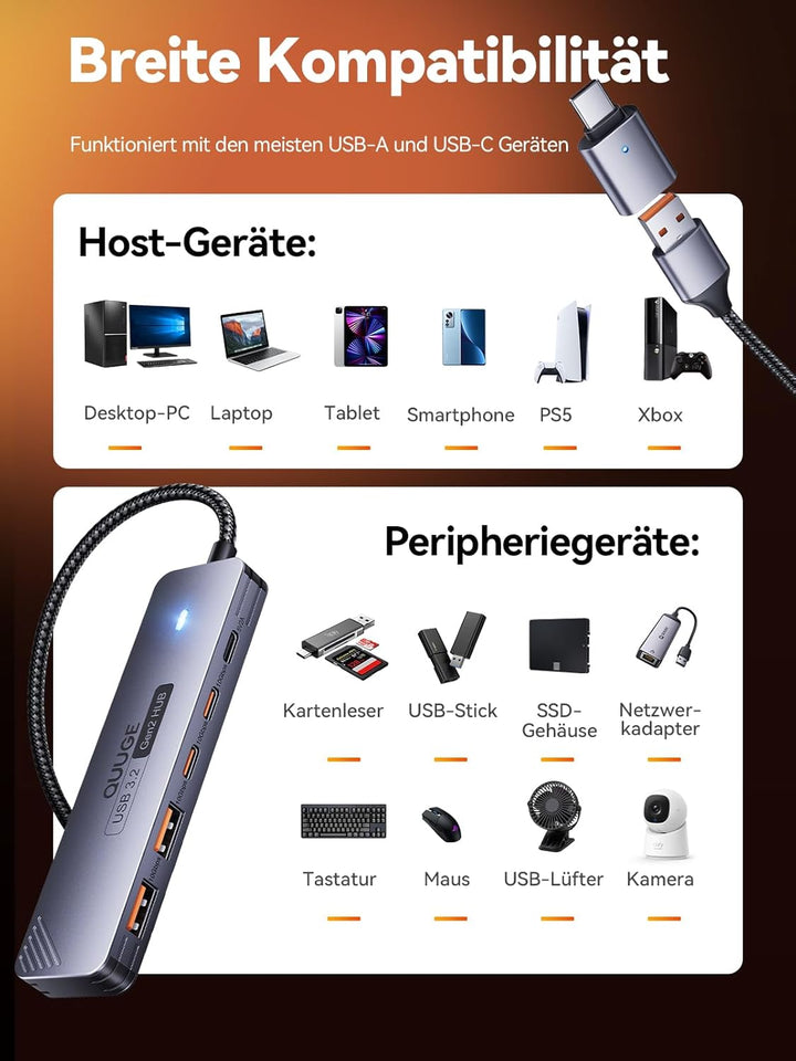 USB Hub 3.2 Gen2, QUUGE 5-in-1 USB Verteiler mit 2 USB-A & 2 USB-C 10Gbps, Multiport Splitter mit A-