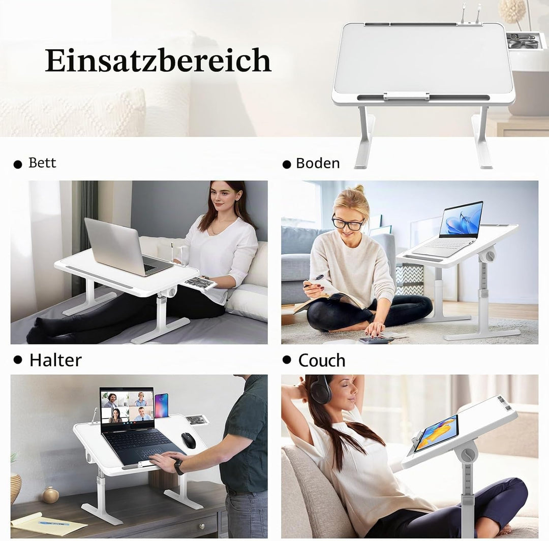 Klappbarer Laptoptisch mit Schublade, LED &amp; Ventilator – Höhenverstellbarer Schreibtisch für Bett, S