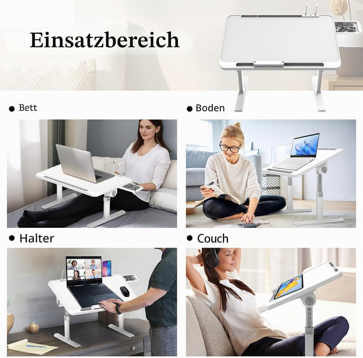 Klappbarer Laptoptisch mit Schublade, LED &amp; Ventilator – Höhenverstellbarer Schreibtisch für Bett, S