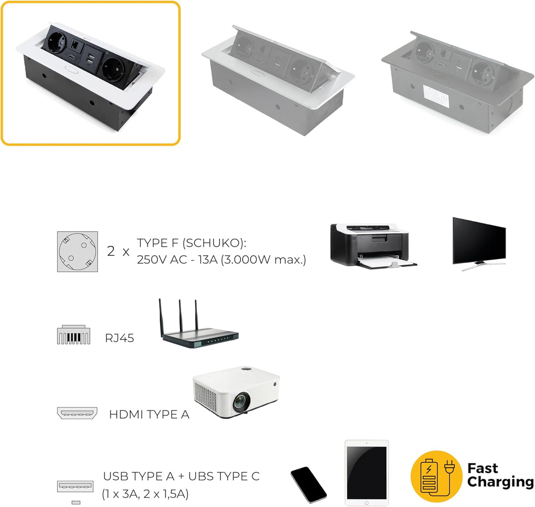 Emuca - ausziehbare und in den Tisch einlassbare Vielfachsteckerleiste, Mehrfachstecker (EU-Stecker