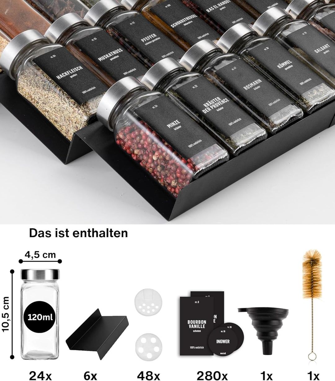 Deco haus® Gewürzregal Schublade aus Metall [MIT 24 GEWÜRZGLÄSER & ETIKETTEN] - Gewürzeinsatz Schubl