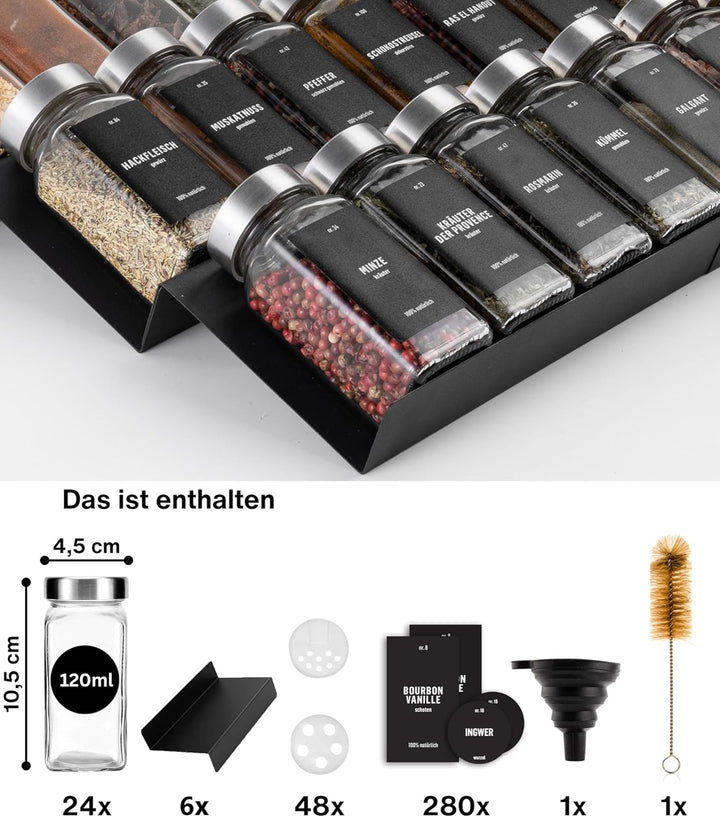 Deco haus® Gewürzregal Schublade aus Metall [MIT 24 GEWÜRZGLÄSER & ETIKETTEN] - Gewürzeinsatz Schubl