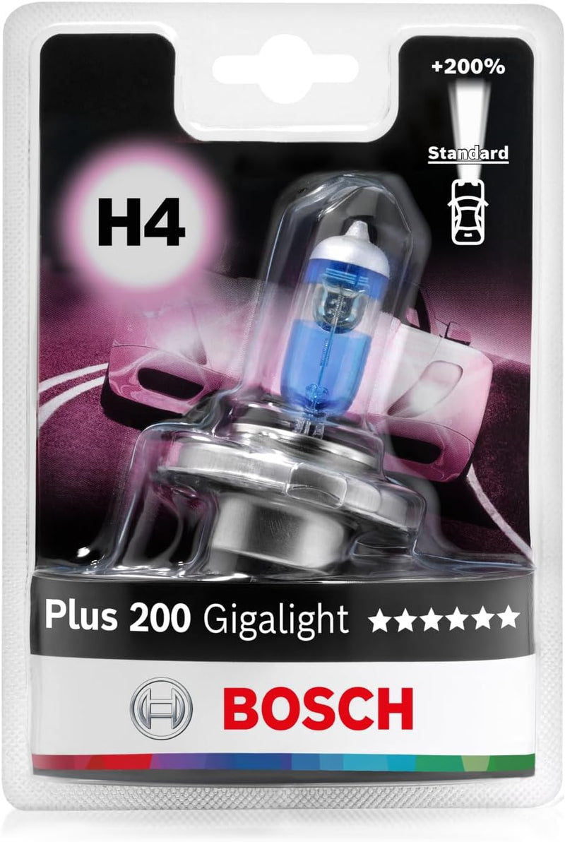 Bosch H4 Plus 200 Gigalight Halogen-Glühlampe für Auto-Scheinwerfer, 12 V 60/55 W, 200% mehr Licht -