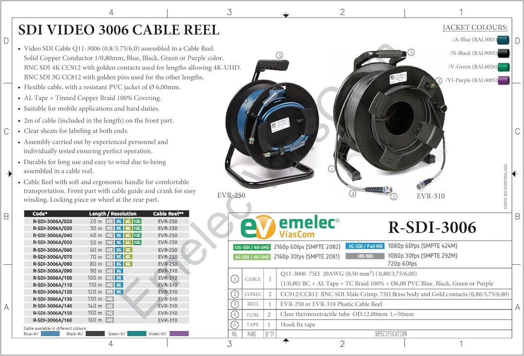 Emelec VíasCom R-SDI-3006N/070 – 70 m Videokabel 3G-SDI 6G-SDI (0.8/3.75/6.0) montiert auf Kabelhalt
