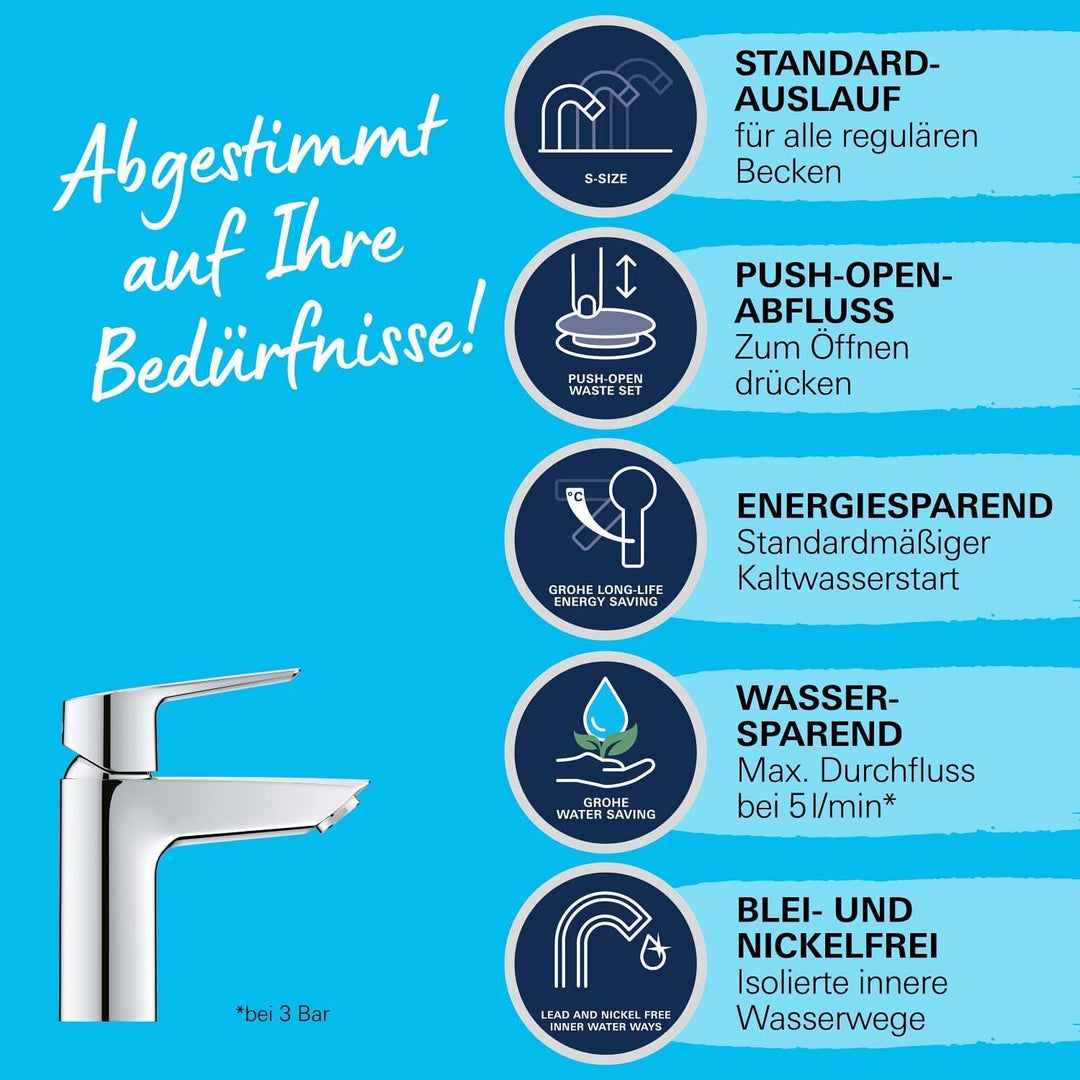 GROHE QUICKFIX Start - Einhand- Waschtischarmatur (wassersparend, S-Size, inkl. 3-in-1 Montagewerkze