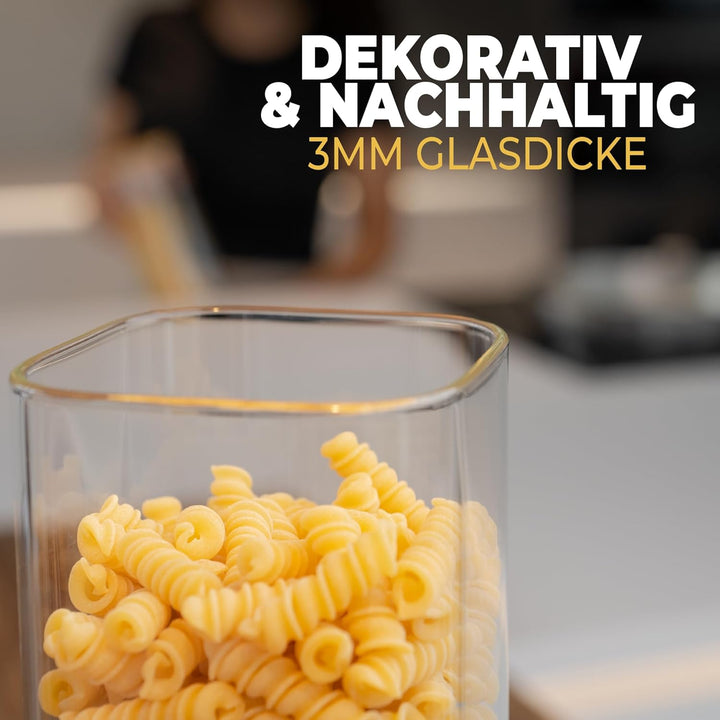 CLIDOR ® Vorratsgläser mit Deckel, Eckig - 4er Set - Extra dickes Glas - Vorratsdosen mit Deckel luf