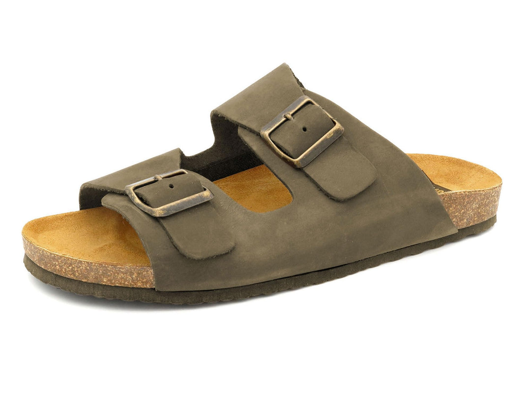 Casual Herren Pantoletten Nubuk Leder Sandalen Korksohle &amp; Echtleder Fussbett 39-47 42 EU Khaki, 42